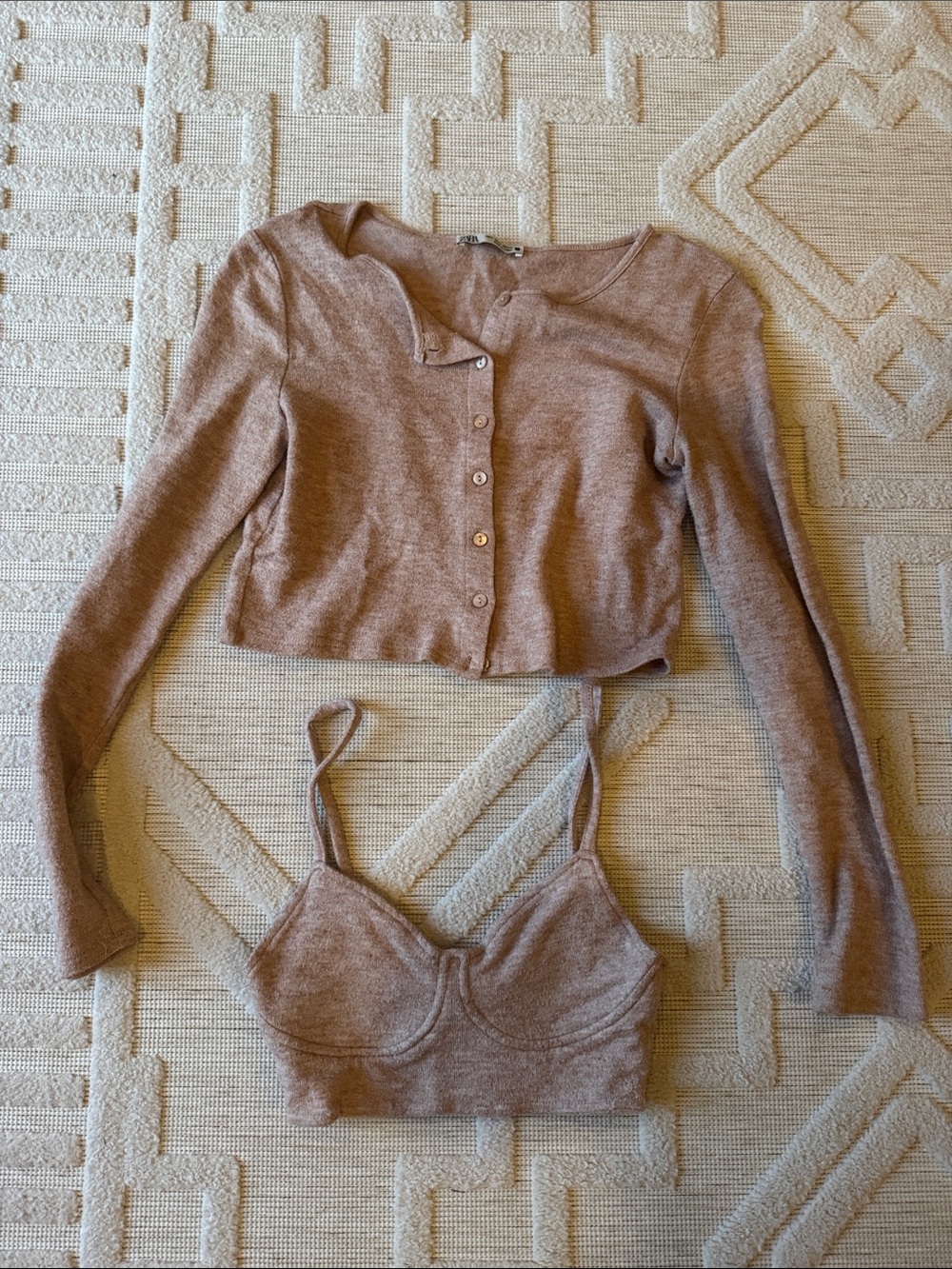 Zara Cropped Cardigan & Bralette Set - Brown